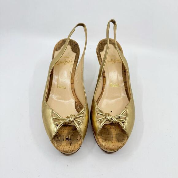 CHRISTIAN LOUBOUTIN Red Bottoms Gold Slingback Peep Toe Cork Platform Wedges - Picture 3 of 11